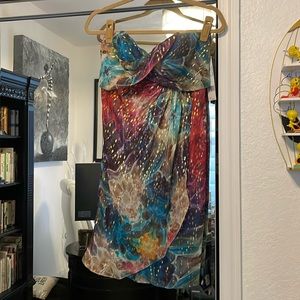 NWT Nicole Miller cocktail dress.. gold foil, rich blue & magenta!